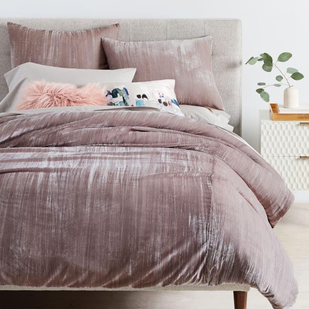 West Elm Crinkle Velvet Duvet Cover, Full/Queen Blush